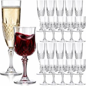 Sliner 24 Pack 8 oz Plastic Vintage Champagne Flutes and 7 oz Wine Glasses, 12 Champagne Glass, 12 Plastic Goblet Cups Unbreakable Crystal Water Glassware for Party (Clear)