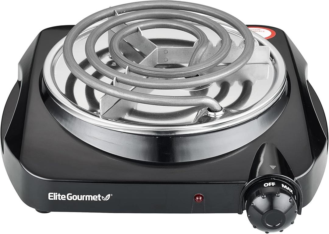 Elite Gourmet ESB301C Countertop Single Coiled Burner, 1100 Watts Electric Hot Plate, Temperature Controls, Power Indicator Lights, Easy to Clean, Black