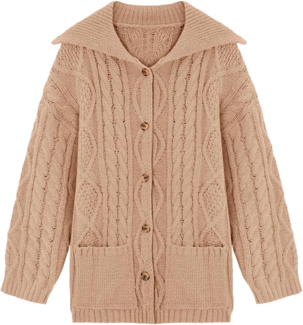 Saodimallsu Womens Cable Knit Cardigan Sweaters Fall Oversized Long Sleeve Button Open Front Knit Sweater Coats (Medium, Khaki)