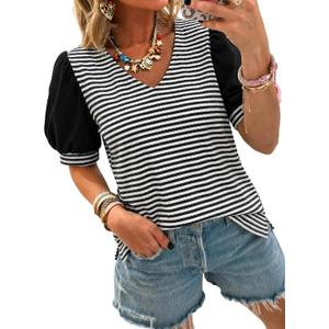 Tankaneo Womens Puff Sleeve Striped T-Shirts Summer V Neck Color Block Tops | Trendy Casual, Loose Fit Blouses, Basic Tees, Tunic Tops (M)