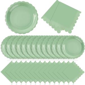 120 Pcs Sage Green Paper Plates and Napkins Party Supplies Bulk Disposable 7 Inch Scalloped Plates Cocktail Napkins for Wedding Bridal Baby Shower Birthday Decorations, Serve 60 Guests