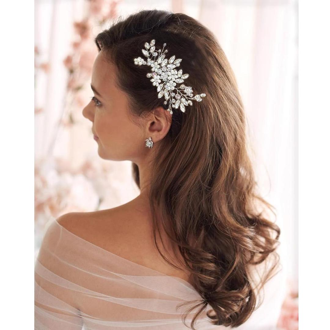 Rhinestone Wedding Hair Comb Pearls and Crystal Bridal Hair Piece Wedding Flower Hair Accessories for Women and Girls (silver-346)