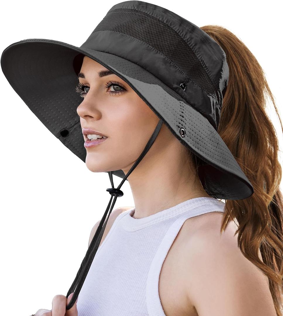 Beach Sun Hats for Women UV Protection High Ponytail Hole UPF 50+ Fishing Safari Garden Hiking Hat Packable (One Size, Black)
