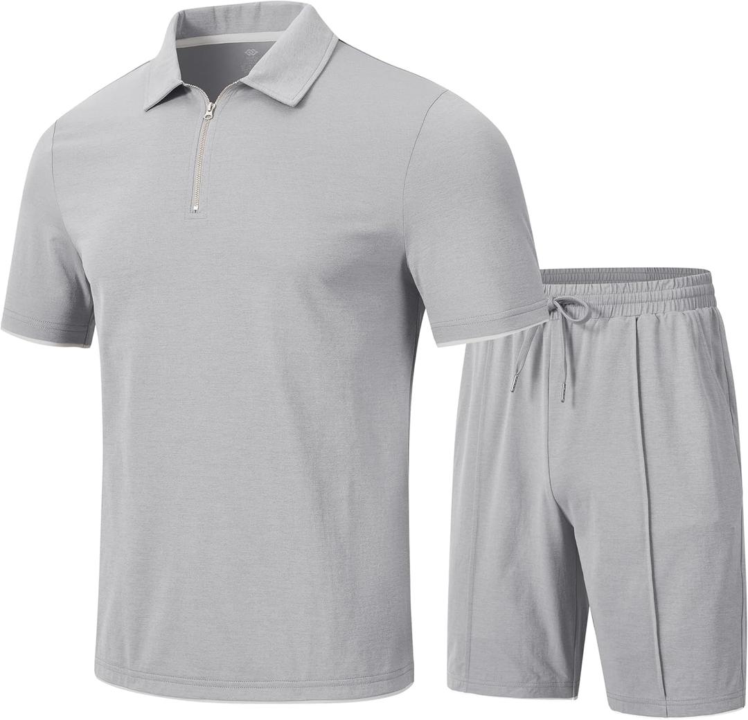 MoFiz Mens Tracksuits Sets Shorts Quarter Zip Polo Shirts Bottom Shorts Outfits Sport Suits Casual Walking Sets Comfy (Gray, M)