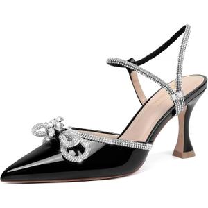 Susanny Women's Closed Toe Rhinstone Wedding Low Heel Slingback Clear Kitten Heels,Adjustable Strap Pointed Toe Bow Pumps High Heeled Prom Dress Shoes (7, Patentblack)