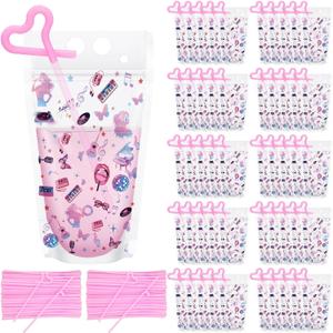 50 Pcs Party Clear Drink Pouches with Straws Popular Music Theme Zipper Bags Favors Decorations for Themed Disco Party Graduations, Weddings Bridal Baby Shower