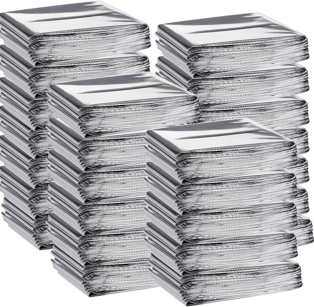 Macarrie 100 Pack Emergency Thermal Blankets Silver Foil Survival Blanket Kit for Outdoors, Camping, Hiking, Homeless, First Aid