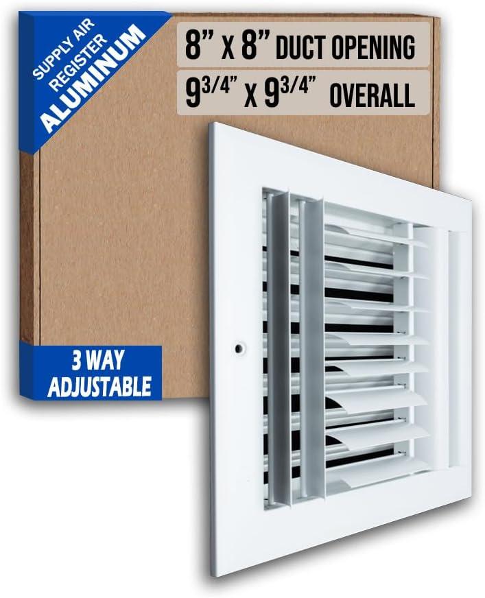 Fits 8x8 Duct Opening Aluminum 3-Way Adjustable Air Supply Grille by Handua | Curved Blade Register Vent Cover for Sidewall & Ceiling | White | Outer Size: 9.75" X 9.75"