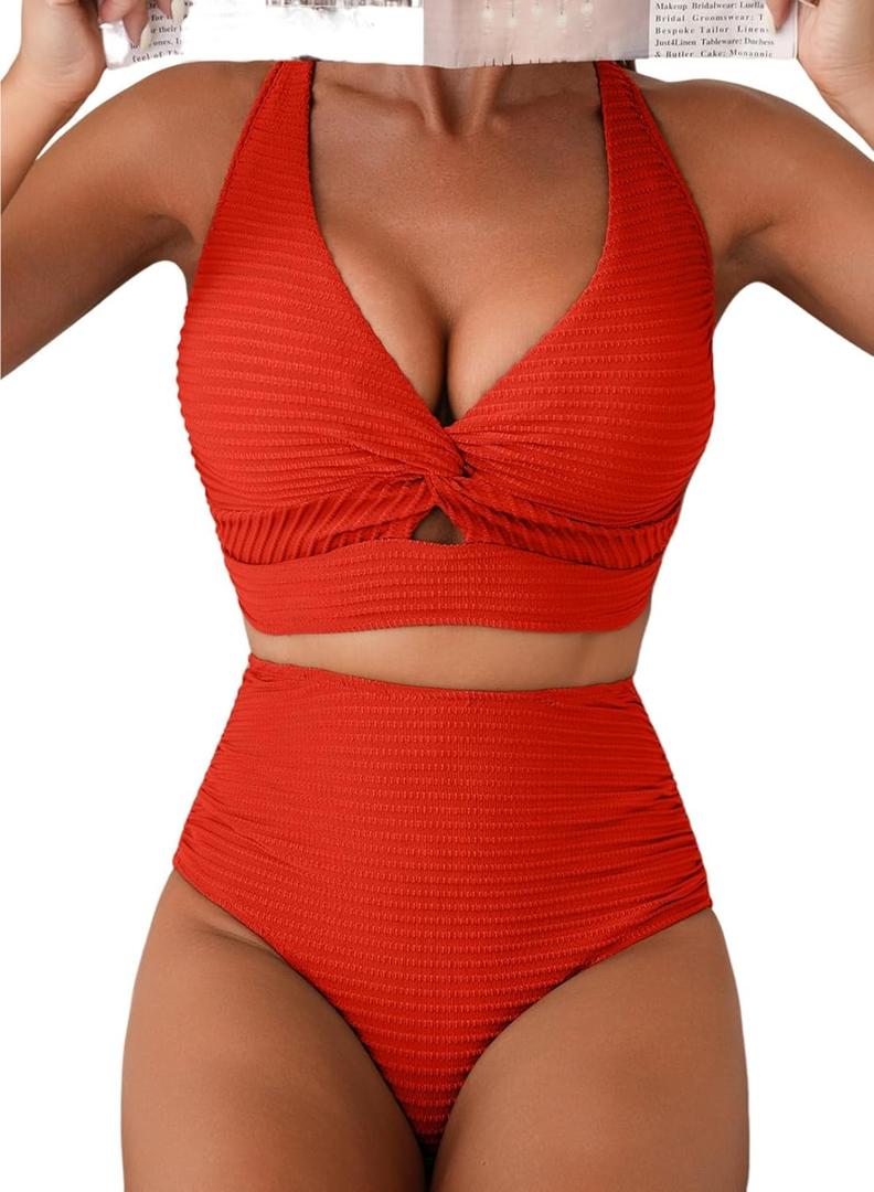 Herseas Women's Textured Bikini Sets Twist Front Top Swimsuits High Waisted Bathing Suits (Red, XL)