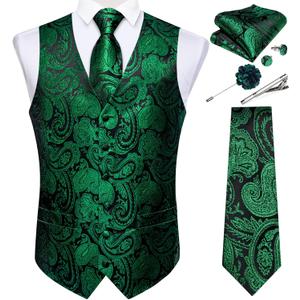 DiBanGu Mens Vest and Tie Set Formal Paisley Waistcoat and Necktie Pocket Square Cufflinks Silk Suit Vest for Tuxedo Wedding (Large)