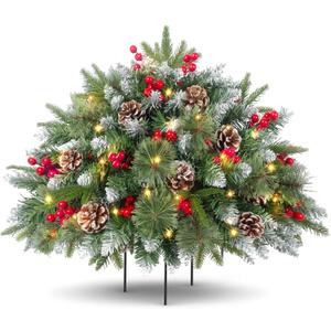 20" Prelit Small Christmas Tree with Lights, Battery Operated Xmas Tree with Pine Cones & Red Berries, Frosted Urn Filler, 50 LED Warm Lights with Timer, Outdoor for Porch and Pathway, 1 Pack
