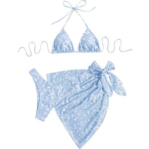 SHENHE Women's 3 Piece Textured High Cut Halter Triangle Bikini Swimsuit with Cover Up (Medium)