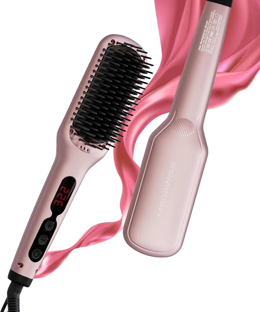 MEGAWISE Pro Ceramic Ionic Hair Straightener Brush for Home Salon | MCH Fast 20s Heating Tech with Auto-Off Safety | Anti-Scald with Universal Dual Voltage | Rotatable Power Cord (Pink)