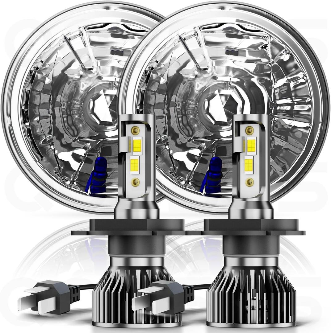 for Chevy C10 K10 K20 1975-1980 Pair 7" Round Hi/Lo Beam,7" Inch Diamond Crystal Clear Semi Sealed Beam Glass Lens Housing Headlights+H4 LED Bulbs,6000K Cool White