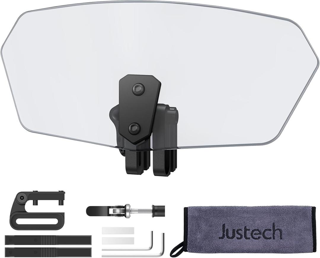 Justech Universal Motorcycle Windshield, Adjustable Wind Deflector Clip On Windshield Extension Spoiler Wind Air Deflector for Kawasaki BMW Triumph Motorbike-Smoke, Black Bracket