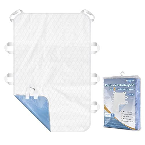 MILDPLUS Washable Bed Pads with 8 Sturdy Handles 34”×52” Extra Large Reusable Underpads 4-Layers Leakproof Chucks Pads Washable for Incontinence (1 Pack; Blue)