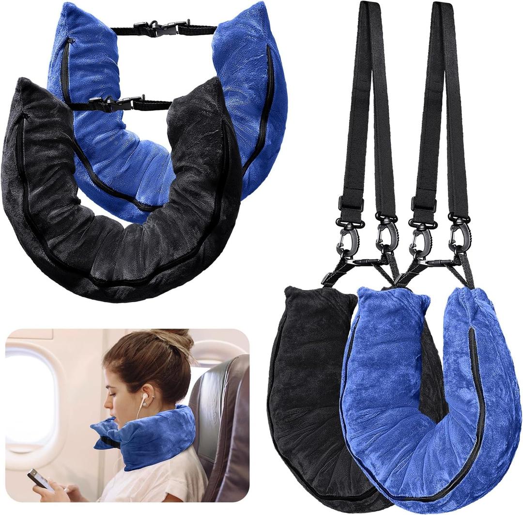 2Pack Stuffable Travel Pillow for Extra Luggage, Velvet Travel Neck Pillow with Adjustable Neck Size, Fits About 6 T-Shirts Travel Essentials Multifunctional Sleeping Rest Cushion(Blue)