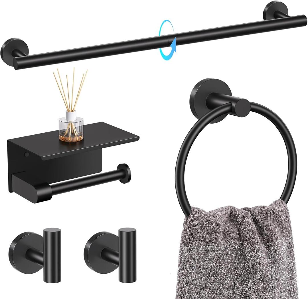 TQKAG 5 Piece Bathroom Towel Bar Holder Sets Matte Black Bathroom Hardware Set Stainless Steel Toilet Paper Holder with Shelf Bathroom Accessories Kit Wall Mounted