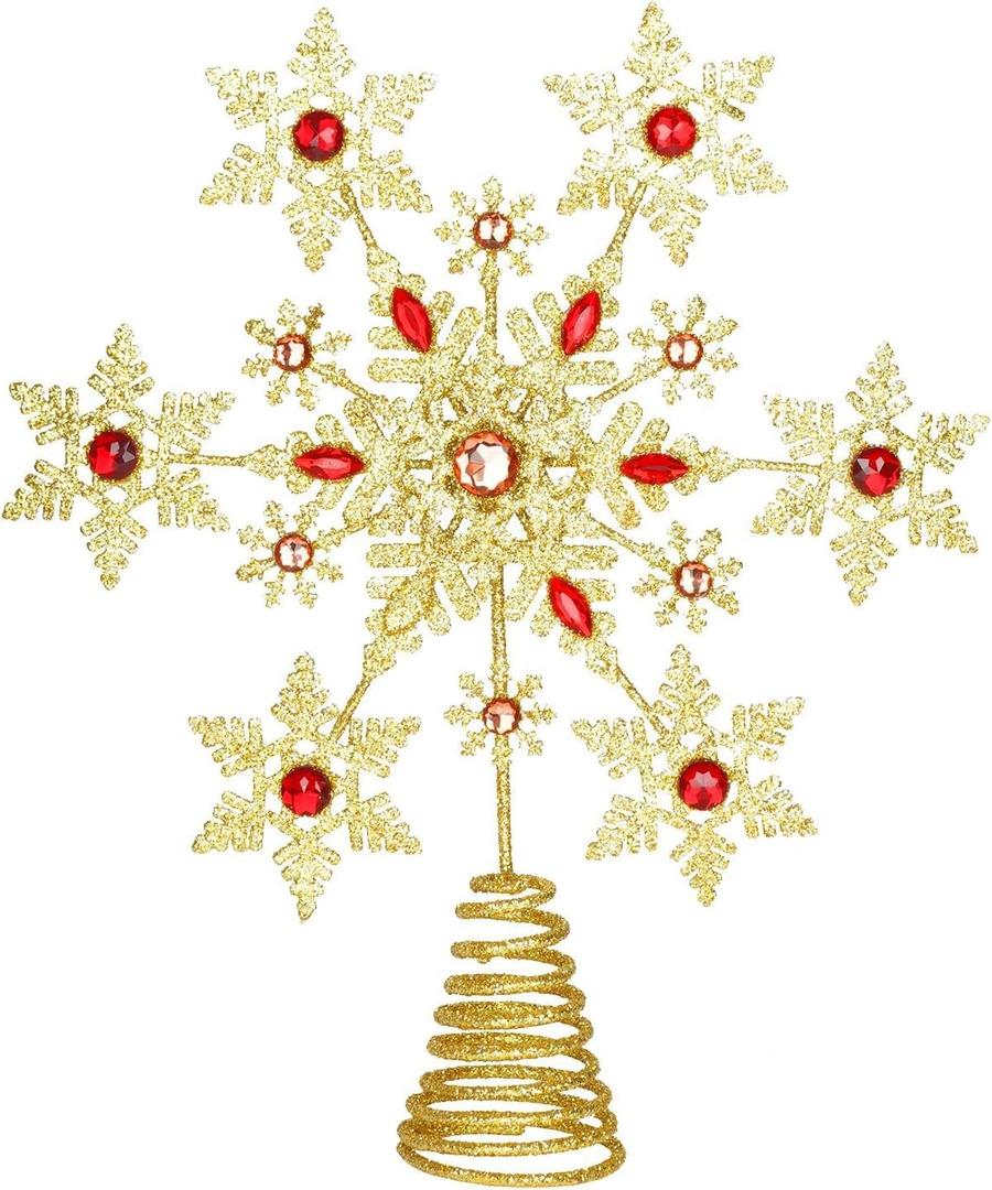 Glittering Gold Snowflake Christmas Tree Topper, 3D Sparkling Metal Snowflake for Xmas Decor, Holiday Party Indoor Decorations