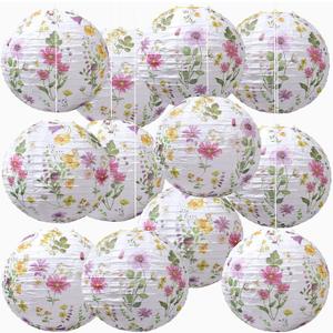 Honoson 12 Pcs Wildflower Paper Lanterns Spring Floral Watercolor Wildflower Party Decorations Hanging 10 Inch Chinese Lanterns for Wedding Bridal Shower Baby Shower Tea Party Decorations (Pastel)