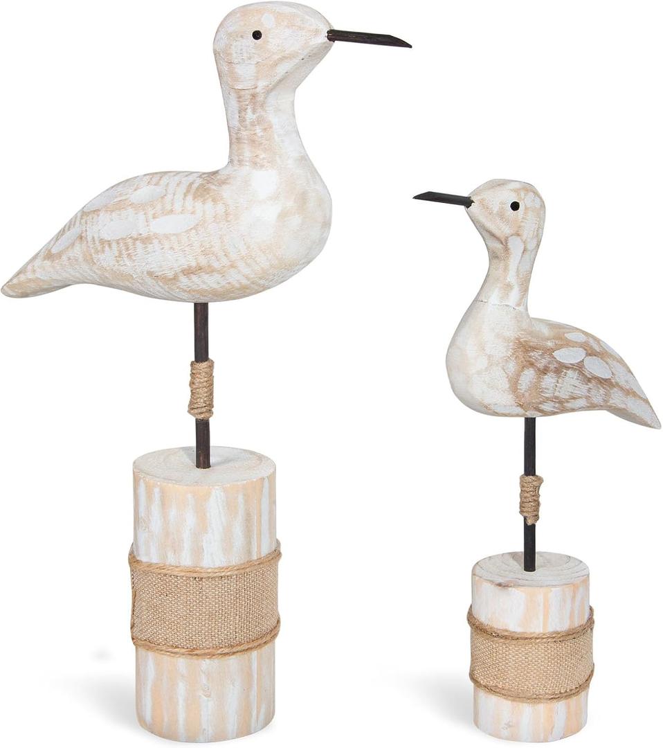 Wooden Sea Birds Statues Coastal Decor, White Seagull Statues for Nautical Coastal Beach Ocean Home Decoration
