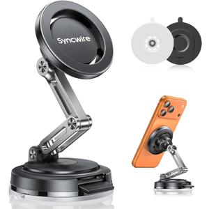 SYNCWIRE for MagSafe Car Mount [3-Axis Adjustable], Vacuum Magnetic Phone Holder with Replaceable Suction Cup Dashboard/Windshield, 360 Rotation & Foldable, for iPhone 17-12 Pro Max Plus (Black)