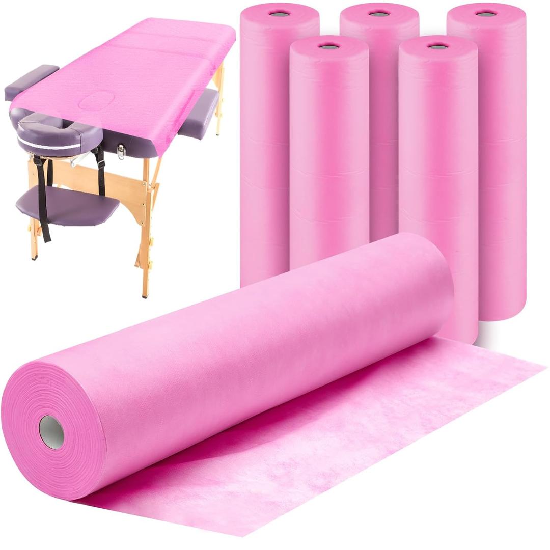Tudomro 6 Rolls Disposable Non Woven Bed Sheets 24 x 71 Inch Massage Table Paper Covers Non Woven Fabric Massage Sheets Waterproof Spa Breathable Bed Cover for Beauty Salon (Pink)