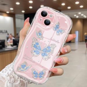 Compatible for iPhone 15 Case, Pretty Butterfly Print Three-Dimensional Wave Clear Case for Girls Women, Soft Full Package Anti-Fall Cover for iPhone 15, Water Blue Butterfly