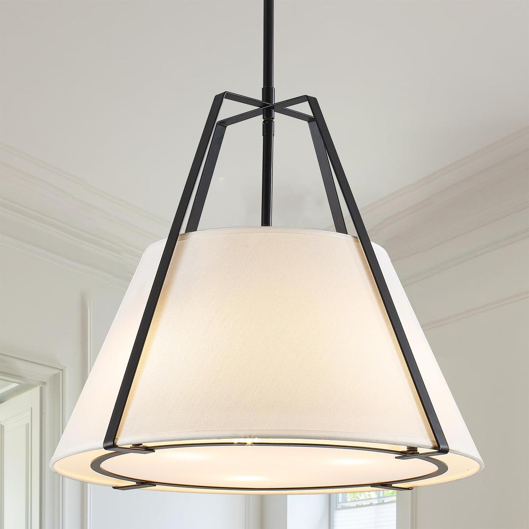 GZJunYo 18 Inch Large Modern Pendant Light with White Fabric Shade, 3-Light Drum Pendant Lighting Black Chandelier for Kitchen Island, Dining Room, Foyer, Bedroom