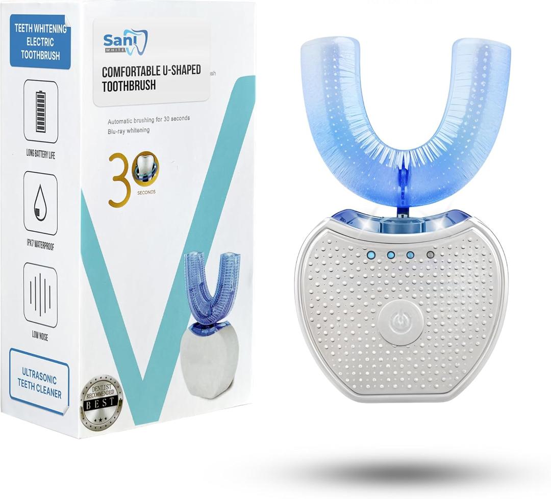 FREEZE2TRIM Sani White Ultrasonic Toothbrush, Ortho Sparkle Sonic Glow Brush, 360 Brite Adult U Shaped Toothbrush Ultrasonic Tooth Cleaner Teeth Whitening Light Electric Automatic Hands Free