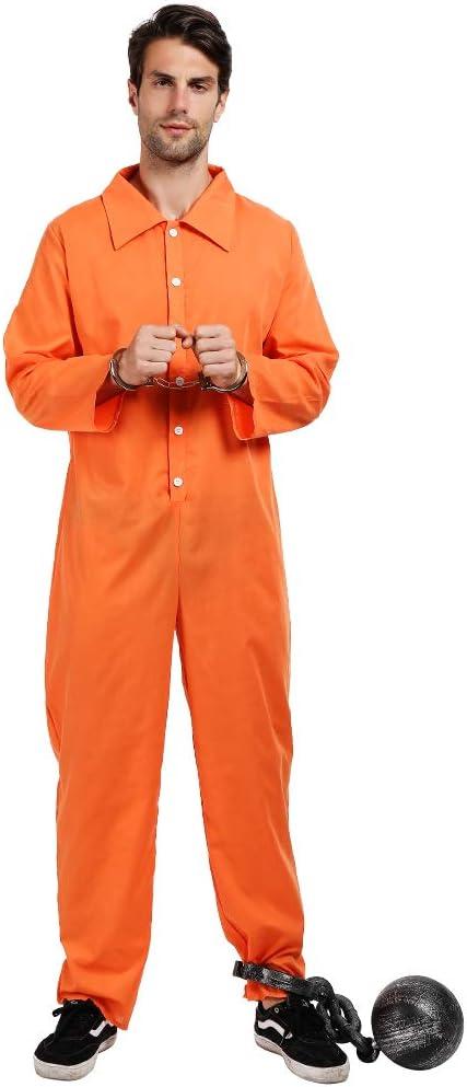 ReneeCho Orange Prisoner Jumpsuit Jailbird Costume Men Adult Halloween Inmate Onesie