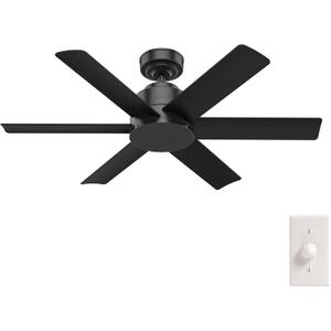 Hunter 44 inch Outdoor or Indoor Ceiling Fan No Light - Black Ceiling Fan without Light, For Patio, Porch, Garage, or Living Room, Standard Mount, 6 Blades, Wall Control - Kennicott 59613, Matte Black