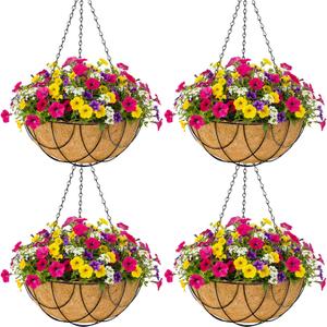 4pcs 14 inch Metal Hanging Baskets Round Wire Plant Stand with Coco Lining Cushion Decorative Planter Hanger Garden Indoor Outdoor Watering Hanging Basket DQ