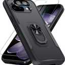 for Google Pixel 9a Case with Screen Protector+Camera Lens Protector,Heavy Duty Shockproof Full Body Protective Cover Built in Rotatable Metal Ring Holder Kickstand,2025 Black Matte