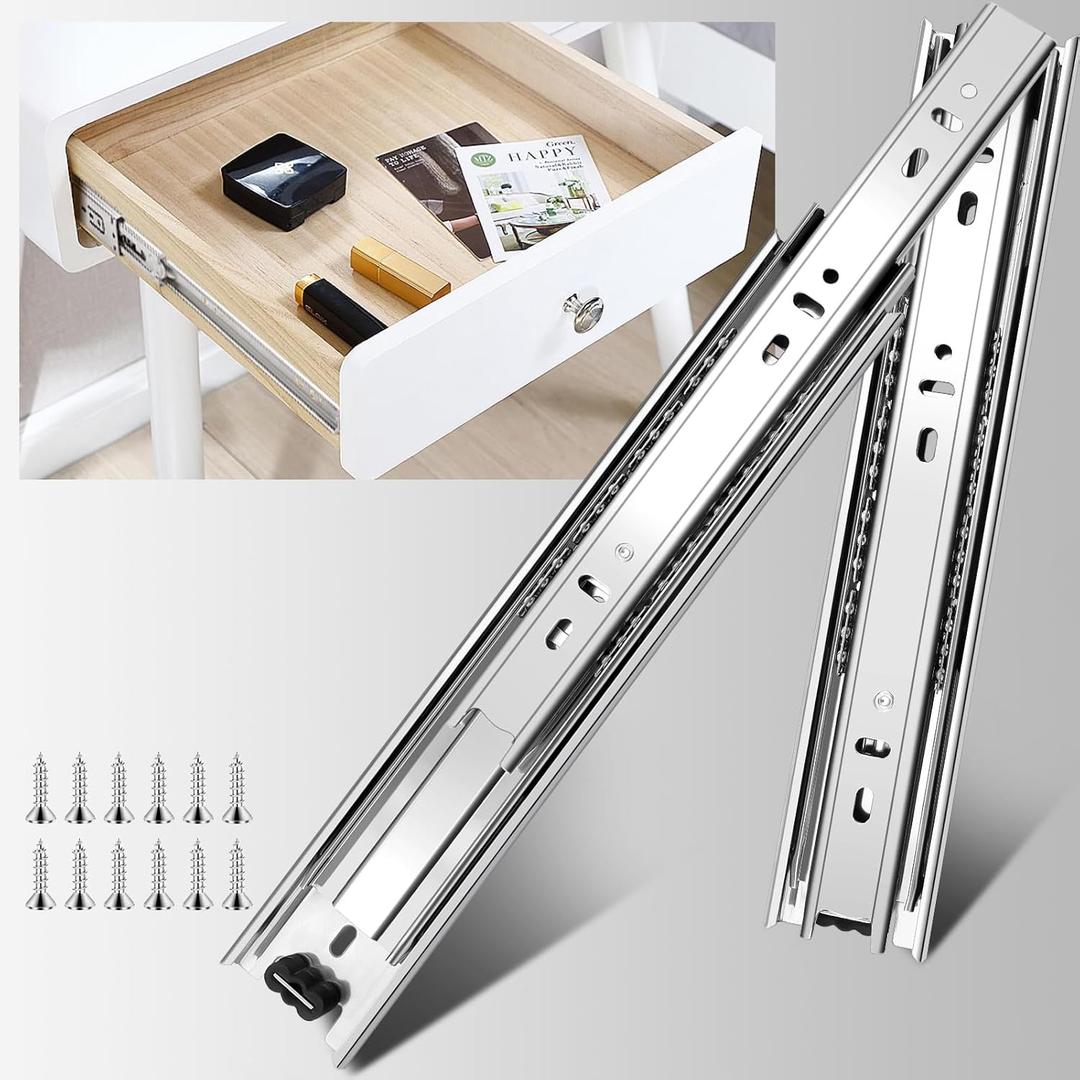10 inch Drawer Slides 4 Pairs (8pcs) Full Extension Ball Bearing Drawer Rails Side Mount 3 fold Metal Dresser Runners for File Cabinet Trash Can Kitchen Wardrobe Glides 10" Silver 100 LB Capacity