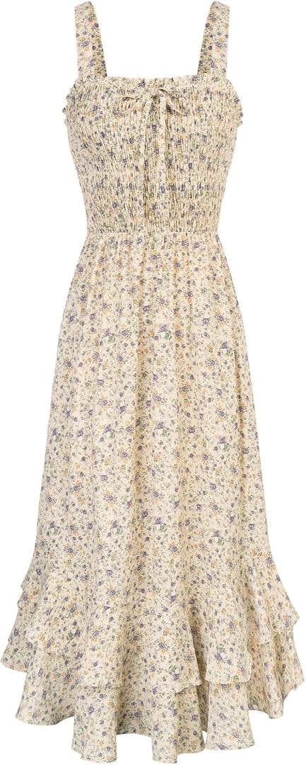 GRACE KARIN Women's 2025 Summer Floral Boho Dress Square Neck Strapped Swing A Line Sundress Beach Long Maxi Outfits (Light Yellow), 2XL