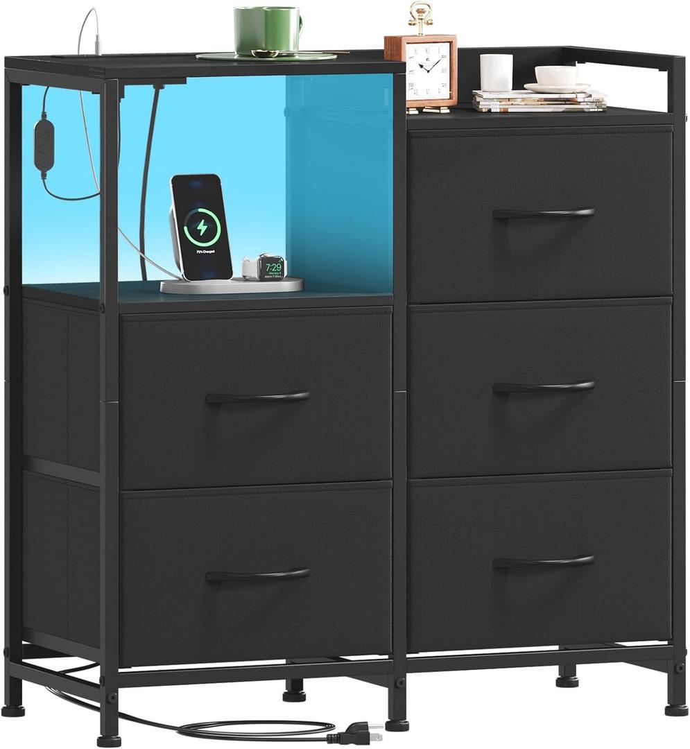 Somdot Black Nightstand with Charging Station and LED Light, Wide 5 Drawers Dresser for Bedroom with Fabric Bins and Open Shelf for Bedroom Kids Closet Dorm Guest Room, Black (11.4"D x 26.2"W x 27.8"H (5 Drawers))