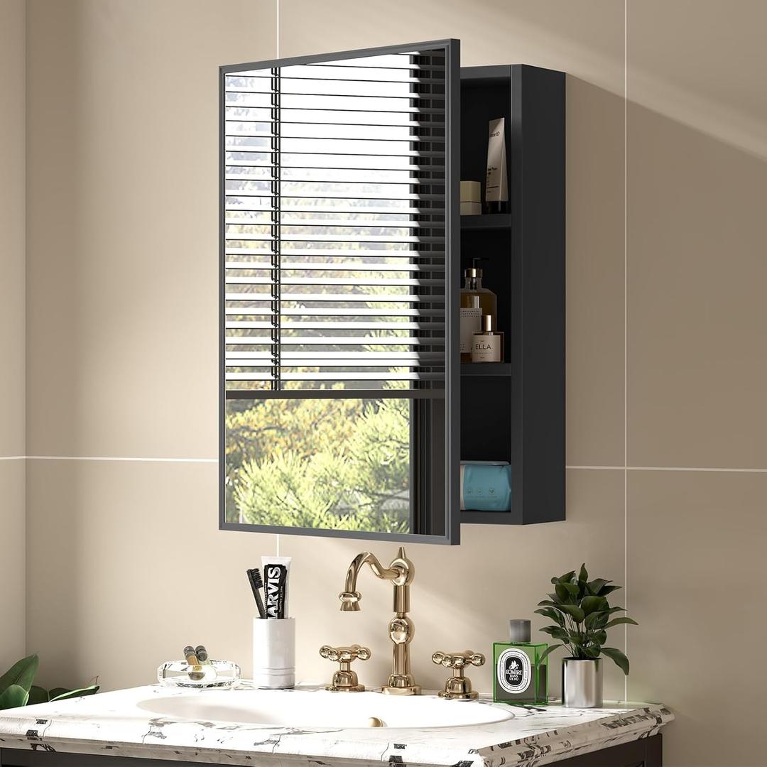 JBLCC Medicine Cabinet with Mirror (Full Assembled), 16''x22'' Aluminum Bathroom Mirror with Storage, Wall Mounted or Recessed Medicine Cabinet, Black