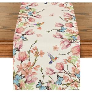 Artoid Mode Flowers Bird Butterfly Spring Table Runner, Seasonal Kitchen Dining Table Decoration for Home Party Decor 13x90 Inch (Beige)