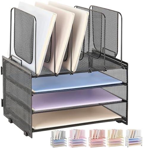 LEKETREE Desk Organizers and Accessories, 3-Tier Paper Organizer with 5 Vertical File Holders, File Folder Organizer (Black, 3T)
