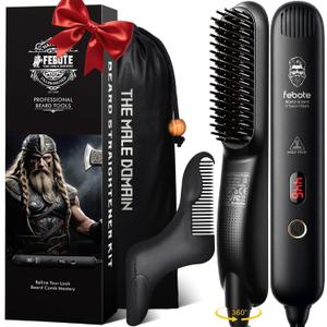 Heated Ionic Hair Straightening Brush for Men - 5 Temperature Settings, Anti-Scald, Beard Shaper & Travel Bag (Black)