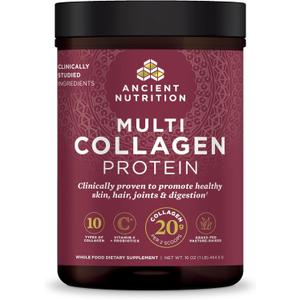 Ancient Nutrition Collagen Powder Protein with Probiotics, Unflavored Multi Collagen Protein with Vitamin C, 45 Servings, Hydrolyzed Collagen Peptides Supports Skin and Nails, Gut Health, 16oz (45 Servings (Pack of 1)), Best-Before 12/16/2027 