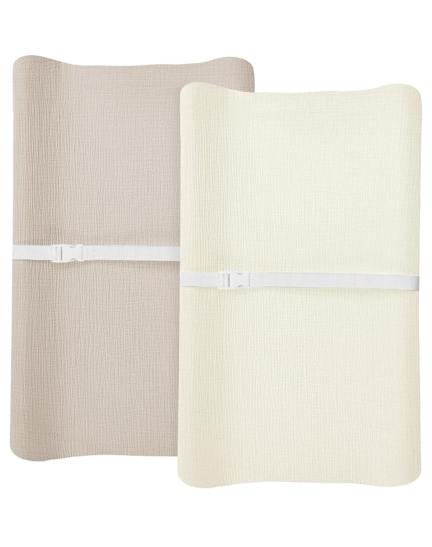 Changing Pad Cover for Baby Boy Girl 2 Pack, Muslin Changing Table Pad Covers with Boho Style, Neutral Nursery Bedding Essentials Soft and Breathable (Beige & Cream)
