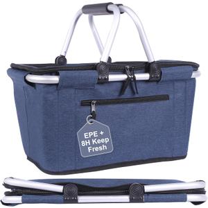 Picnic Basket, SIYUAN Collapsible Shopping Basket with Lid 27L Large Market Basket with Handles Reusable Folding Grocery Basket Insulated Cooler Bag for Picnic Travel, Blue