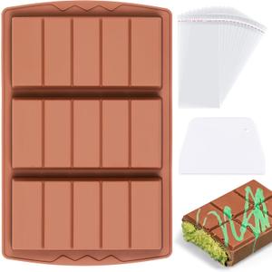 1 Pc Chocolate Bar Mold Deep Large Chocolate Molds Silicone Break Apart Thick Silicone Molds for Candy Bar, With 100 Pcs Bags and 1 Pc Scraper Set (5 Snap (Rectangle)