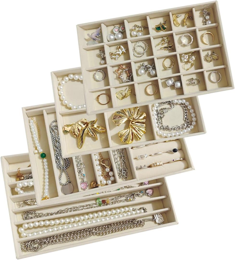 Stackable Jewelry Trays Organizer for Drawer Set of 4 Velvet Drawer Inserts Organizer Jewelry Organizers and Display Set for Earrings, Rings, Necklaces, Bracelets (Beige)