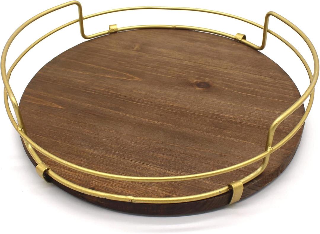 CVHOMEDECO. Decorative Tray with Golden Handle Round Wood Serving Tray with Metal Handles for Breakfast in Bed, Lunch, Dinner, Appetizers, Kitchen, Ottoman, Coffee Table, BBQ and Party