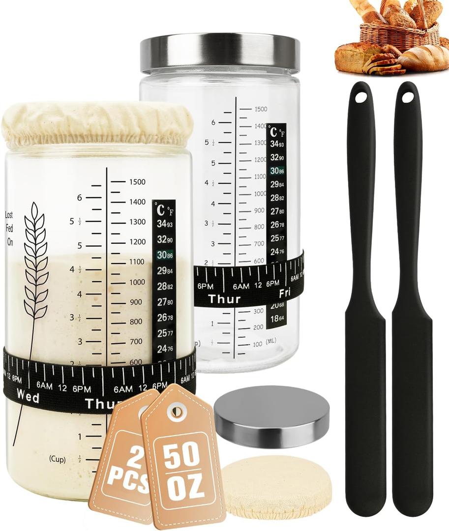 50oz Sourdough Starter Jar Kit, Large Capacity Sourdough Jar, Wide Mouth Sourdough Bread Starter Kit for Perfect Sour Dough Bread, Sourdough Starter Kit (Black, 2 Pack)