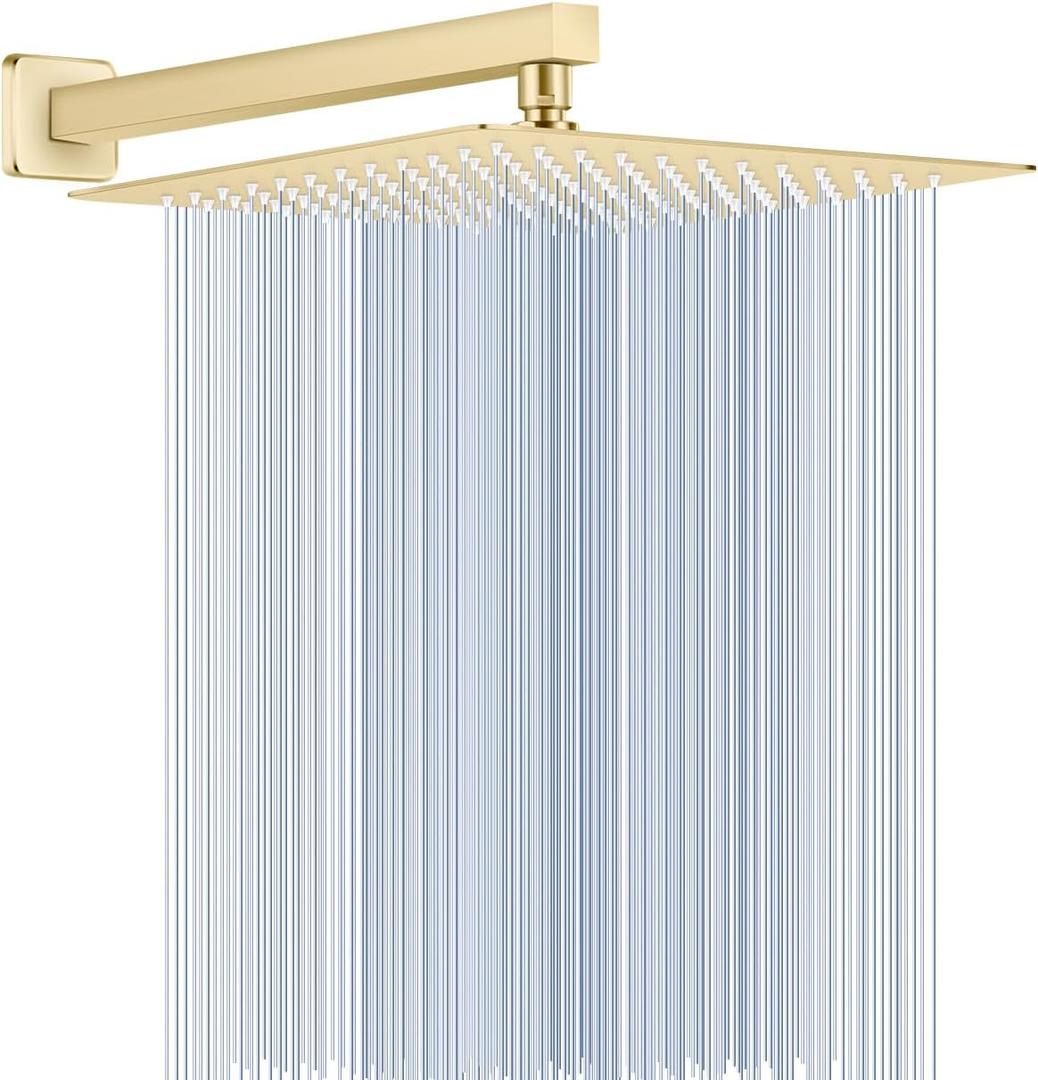 12 Inch Brushed Gold Rain Shower Head with Extension Arm, Rainfall Square Showerhead with 16 Inch Shower Arm All Stainless Steel, 144 Outlets Waterfall Full Body Coverage