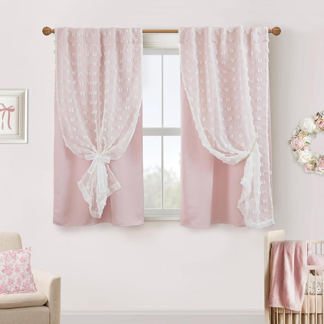 Short Blackout Curtains for Bedroom Windows,Boho Pink White Sheer Overlay Pom Pom Ruffle Double Layer Privacy Curtains for Nursery Girls Room Bathroom 45 Inch Length (34"W x 45"L (Pack of 2))